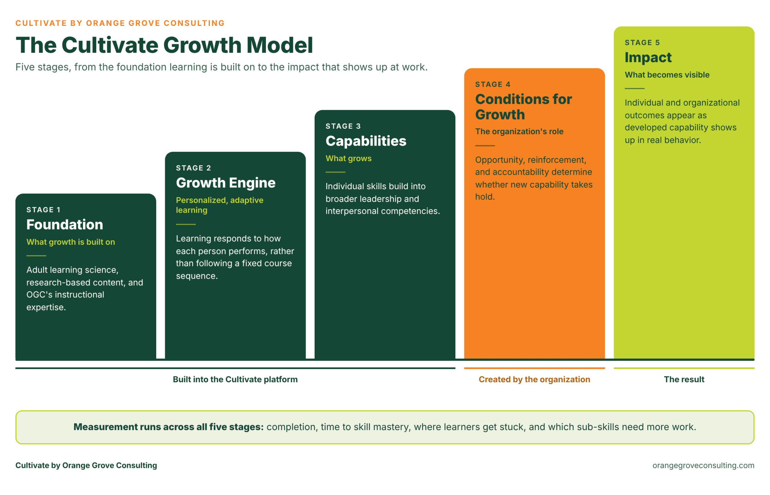 Cultivate by Orange Grove Consulting growth model showing five stages: Foundation, Growth Engine, Capabilities, Conditions for Growth, and Impact.